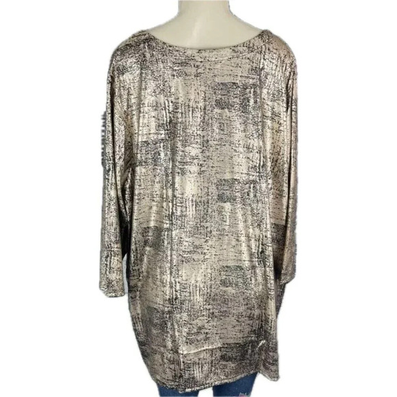 Roaman's + 34/36 Gold & Black Metallic Shiny Finish Caged V- Neck 3/4 Sleeve Top - Picture 4 of 7